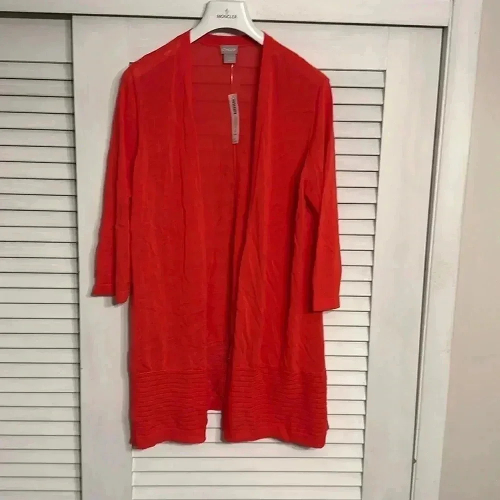 NWT CHICO’s women’s cardigan sweater blouse stitch detail shirt papaya coral LG